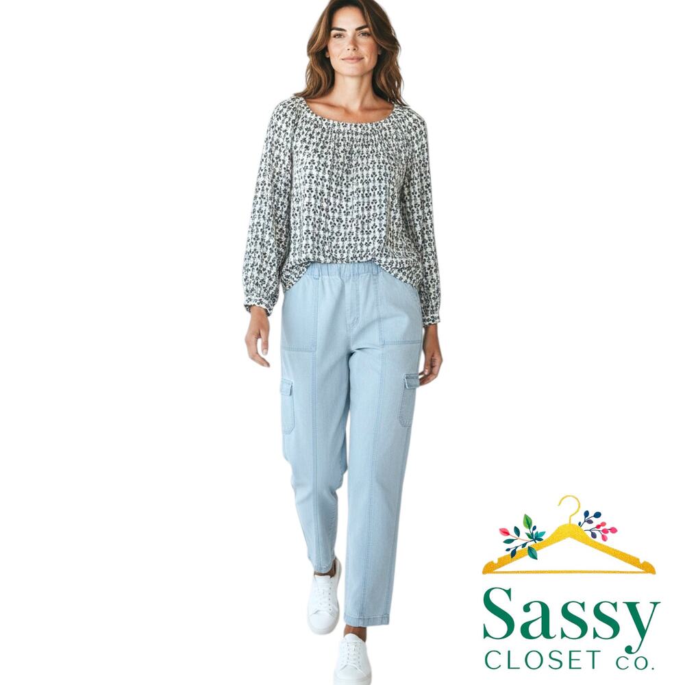 TALBOTS Light Blue Utility Jeans 16 Elastic Waist Cargo Denim Ankle Pants EUC